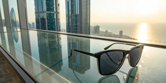 Polarized sunglasses cutting through the glare of a sunny ocean and cityscape view.