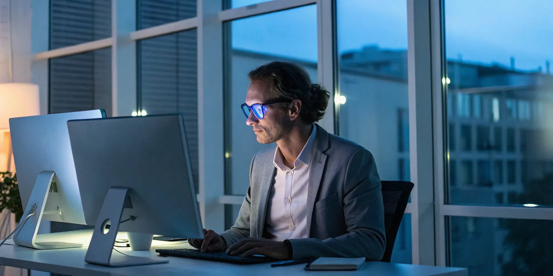 Man testing if blue light glasses work while using a computer at night.