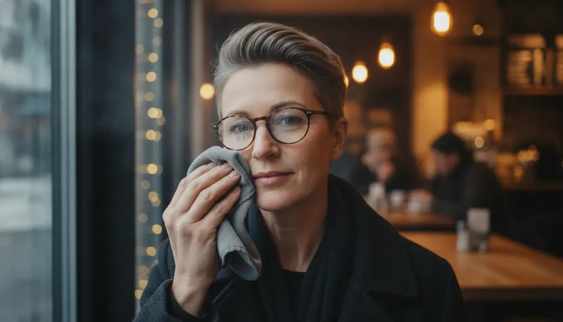 Adult wiping condensation from glasses after entering a warm cafe