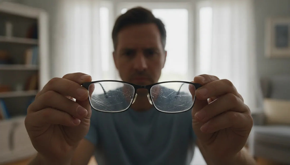Adult examining scratched glasses before deciding whether to replace them