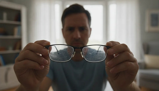 Adult examining scratched glasses before deciding whether to replace them