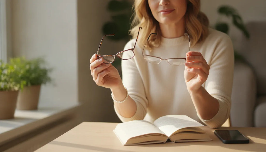 Woman comparing stylish reading glasses beside a book and phone