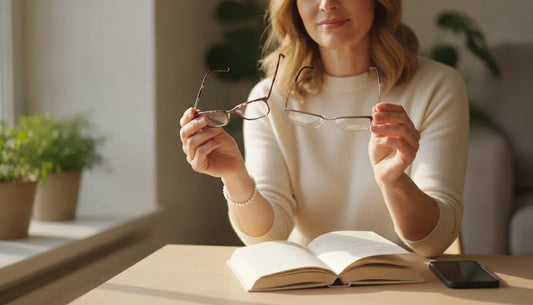 Woman comparing stylish reading glasses beside a book and phone