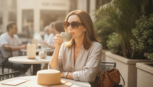Adult wearing comfortable reading sunglasses outdoors