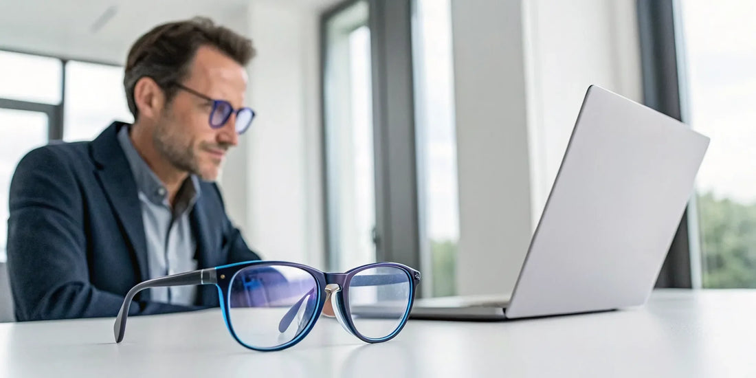 A person wearing blue light glasses to help reduce digital eye strain while working on a laptop.