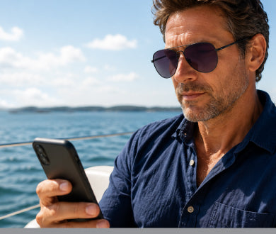 Man on a boat reading his phone wearing sunglass readers