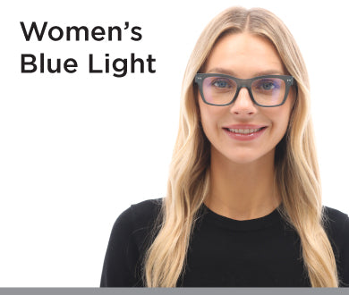 Woman wearing blue light reading glasses